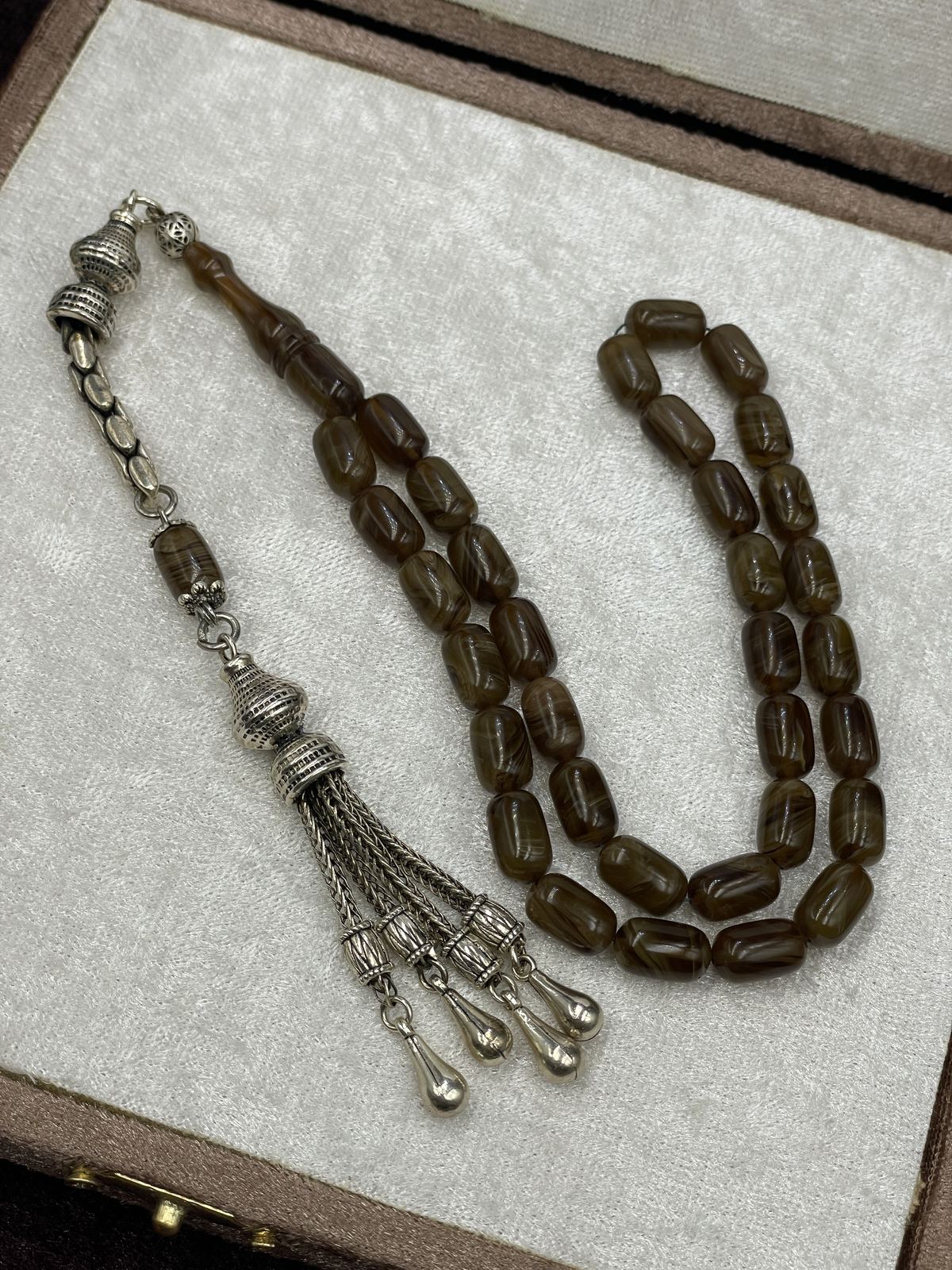 Alpaka Zincir Püsküllü Çekoslavak Benzetme Katalin Tesbih (Haki-Kahve, 7x11 mm)