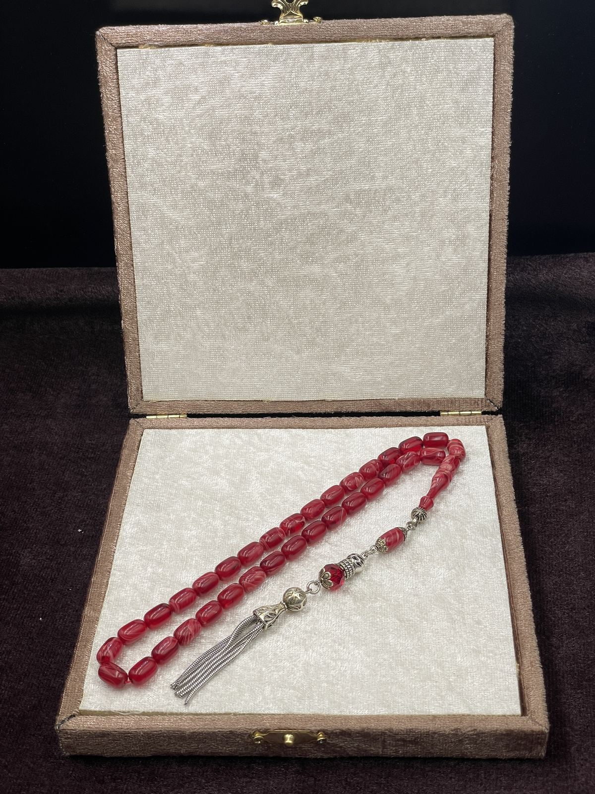 Alpaka Zincir Püsküllü Sıkma Kehribar Tesbih (Kırmızı, 7x11 mm)