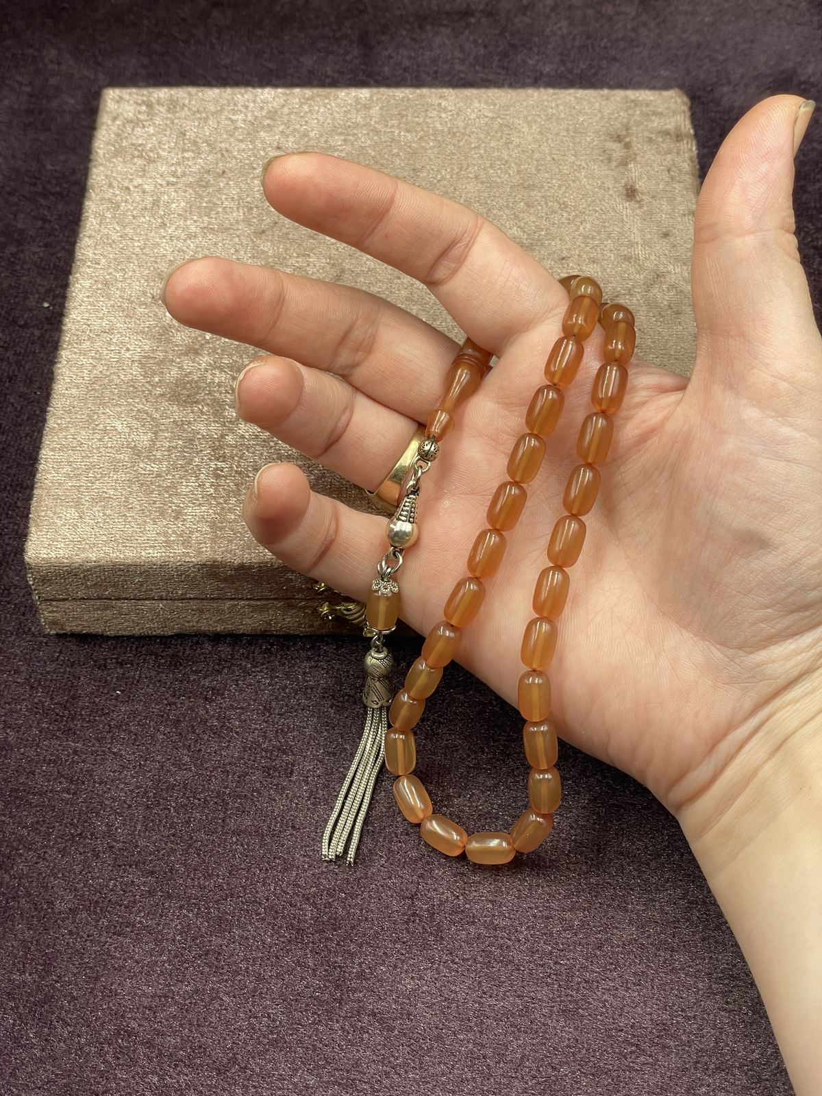 Alpaka Örgü Zincir Püsküllü Kapsül Kesim Turuncu Ateş Kehribar Tesbih (7x11 mm)