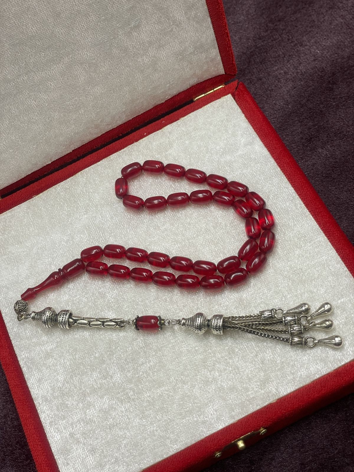 Alpaka Zincir Püsküllü Kapsül Kesim Kırmızı Ateş Kehribar Tesbih (7x11 mm)