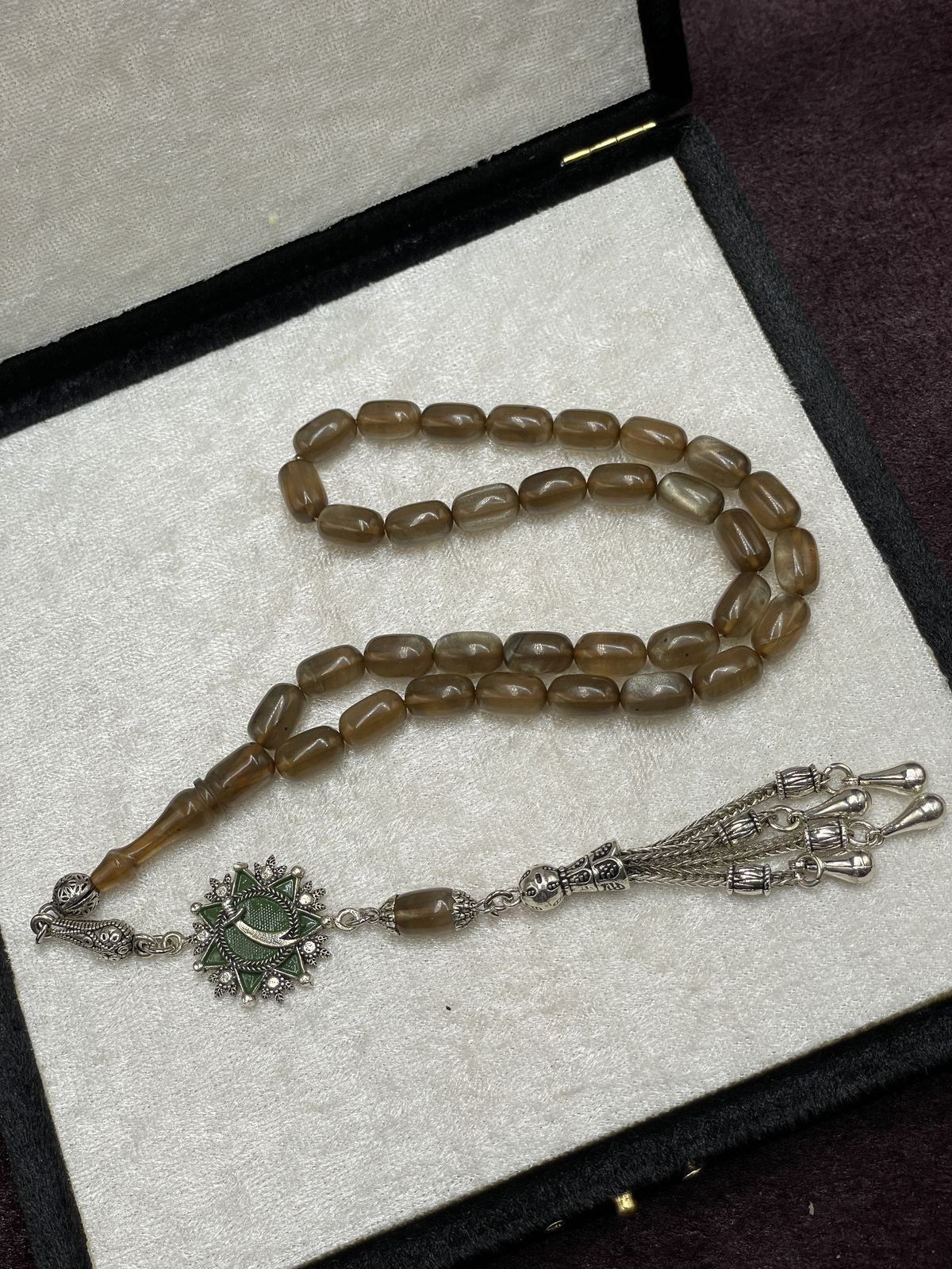 Alpaka Mineli Madalyonlu Sedef Simli Ateş Kehribar Tesbih (Kahve Tonları, 7x11 mm)