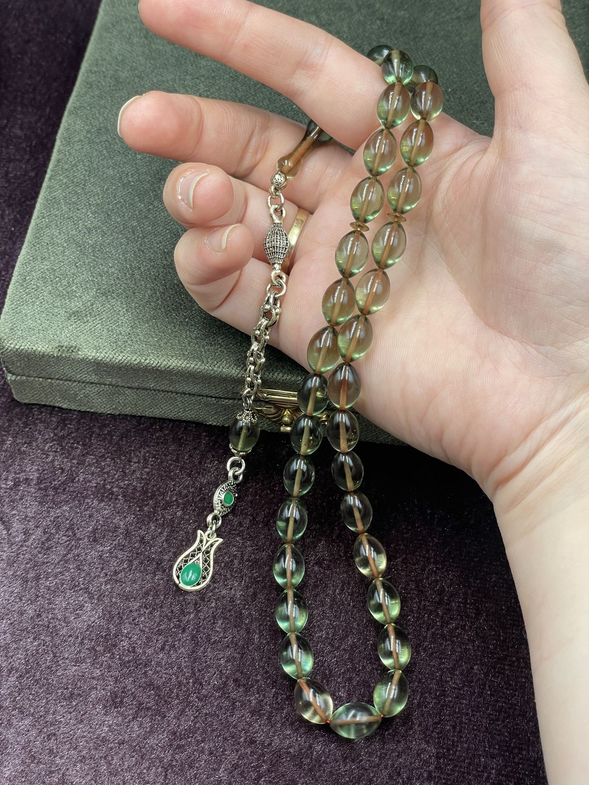 Alpaka Lale Uçlu Arpa Kesim Zar Renginde Ateş Kehribar Tesbih (7x11 mm)