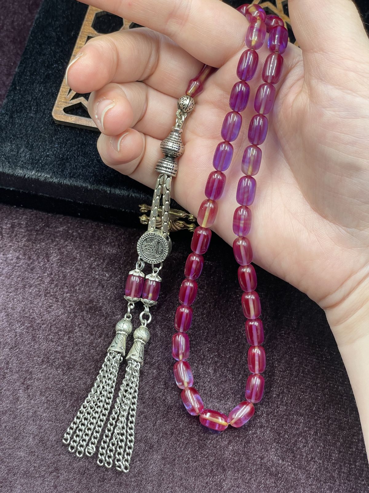 Alpaka Tuğralı Asansör Püsküllü İspirto Yansımalı Ateş Kehribar Tesbih (7x11 mm)