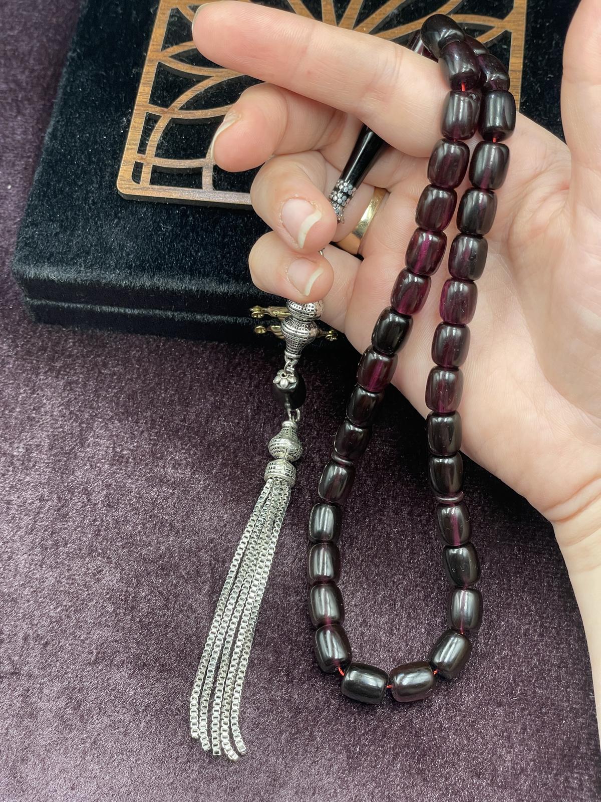 Alpaka Nakkaş İmameli Koyu Mürdüm Sıkma Kehribar Tesbih (9x11 mm)