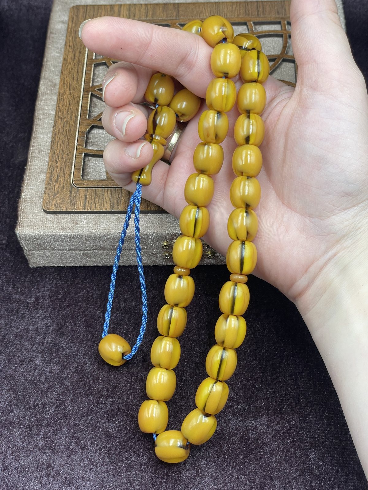 Helezon Hareli Osmanlı Benzetme Çubuk Sıkma Kehribar Tesbih (12x14 mm)
