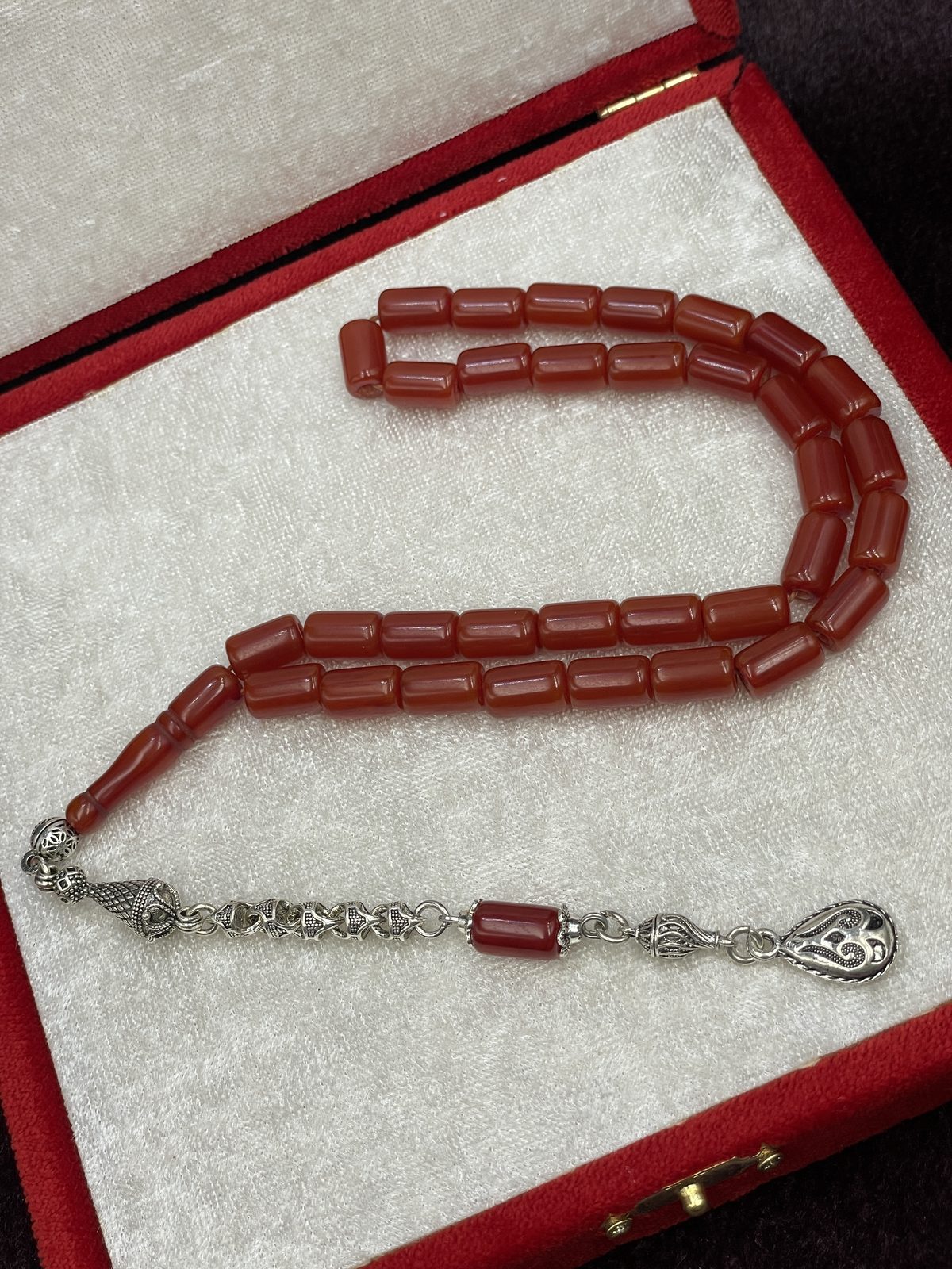 Alpaka Damla Uçlu Koyu Kızıl Osmanlı Benzetme Çubuk Sıkma Tesbih (7x11 mm)