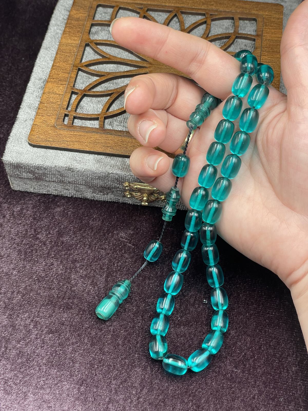 Püskülsüz Tane Sonlu Turkuaz Ateş Kehribar Tesbih (8x12 mm)