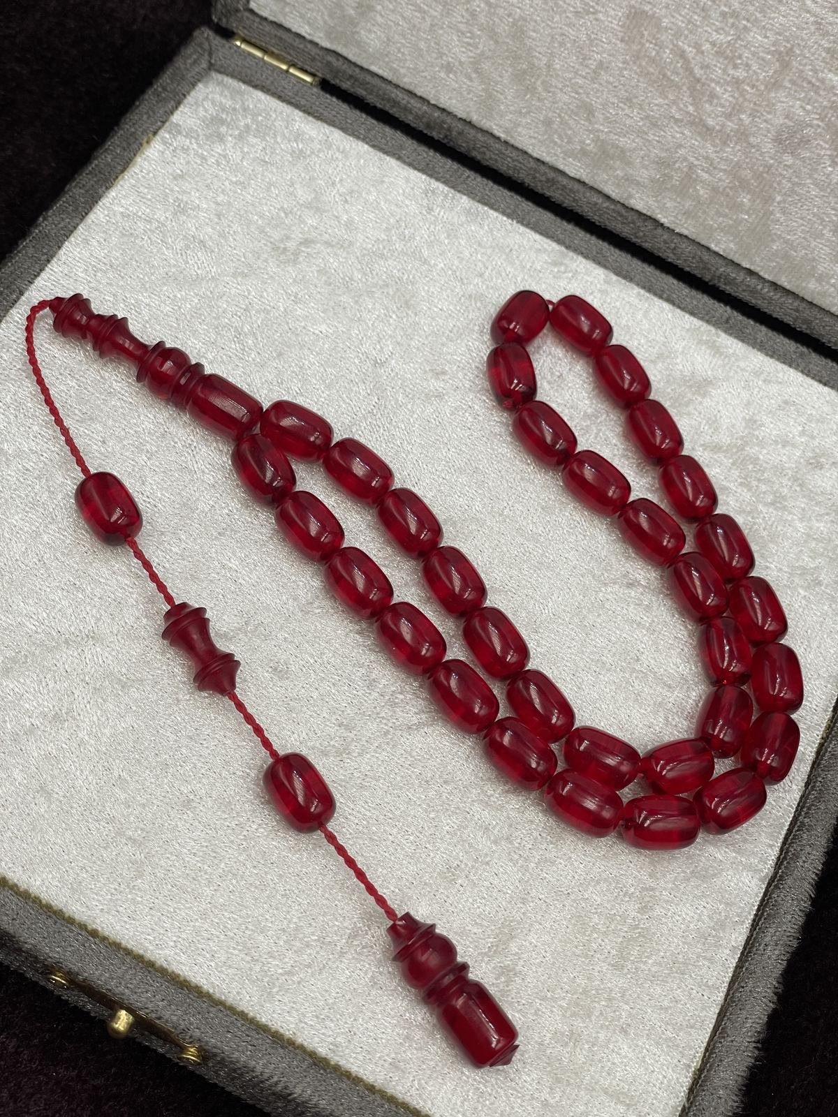 Püskülsüz Tane Sonlu Koyu Kırmızı Ateş Kehribar Tesbih (8x12 mm)