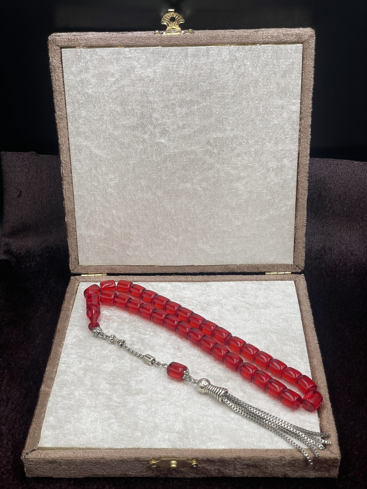 Alpaka Zincir Püsküllü Blok Kesim Kırmızı Ateş Kehribar Tesbih (9x10 mm)