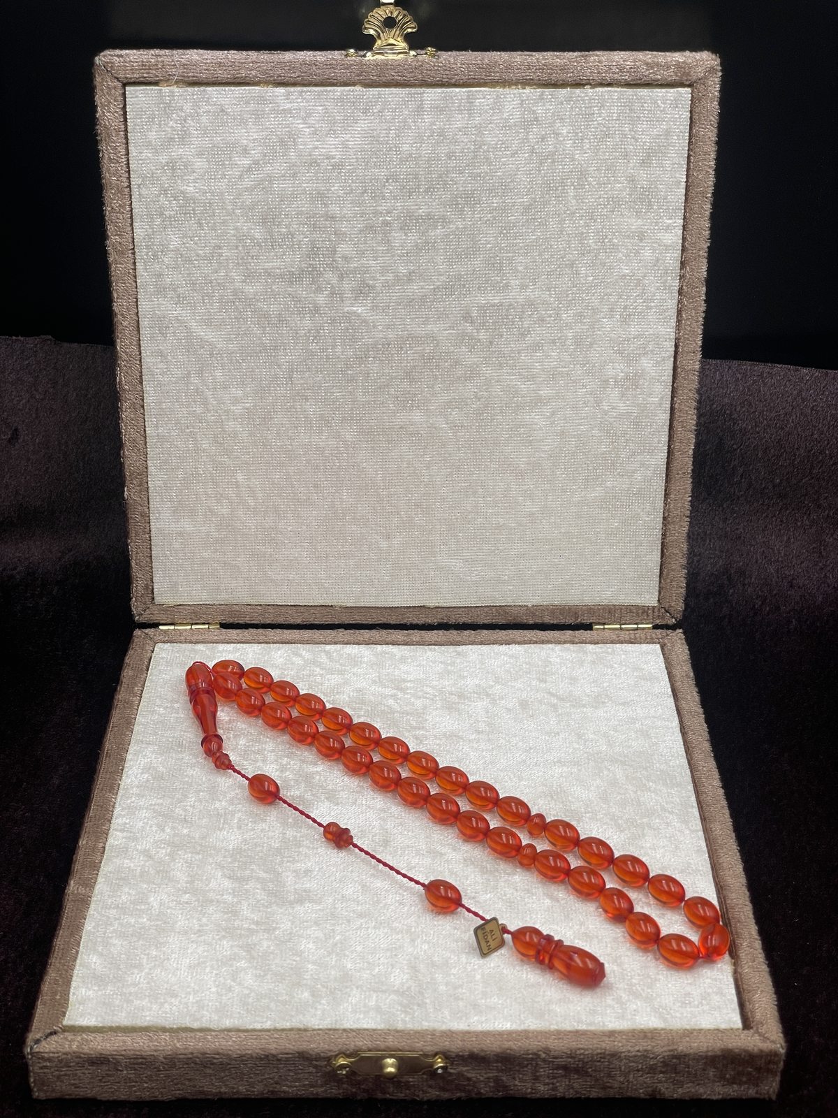 Ali Fidan İmzalı El Boy Badem Kesim Turuncu Amber Ateş Kehribar Tesbih (7x10 mm)