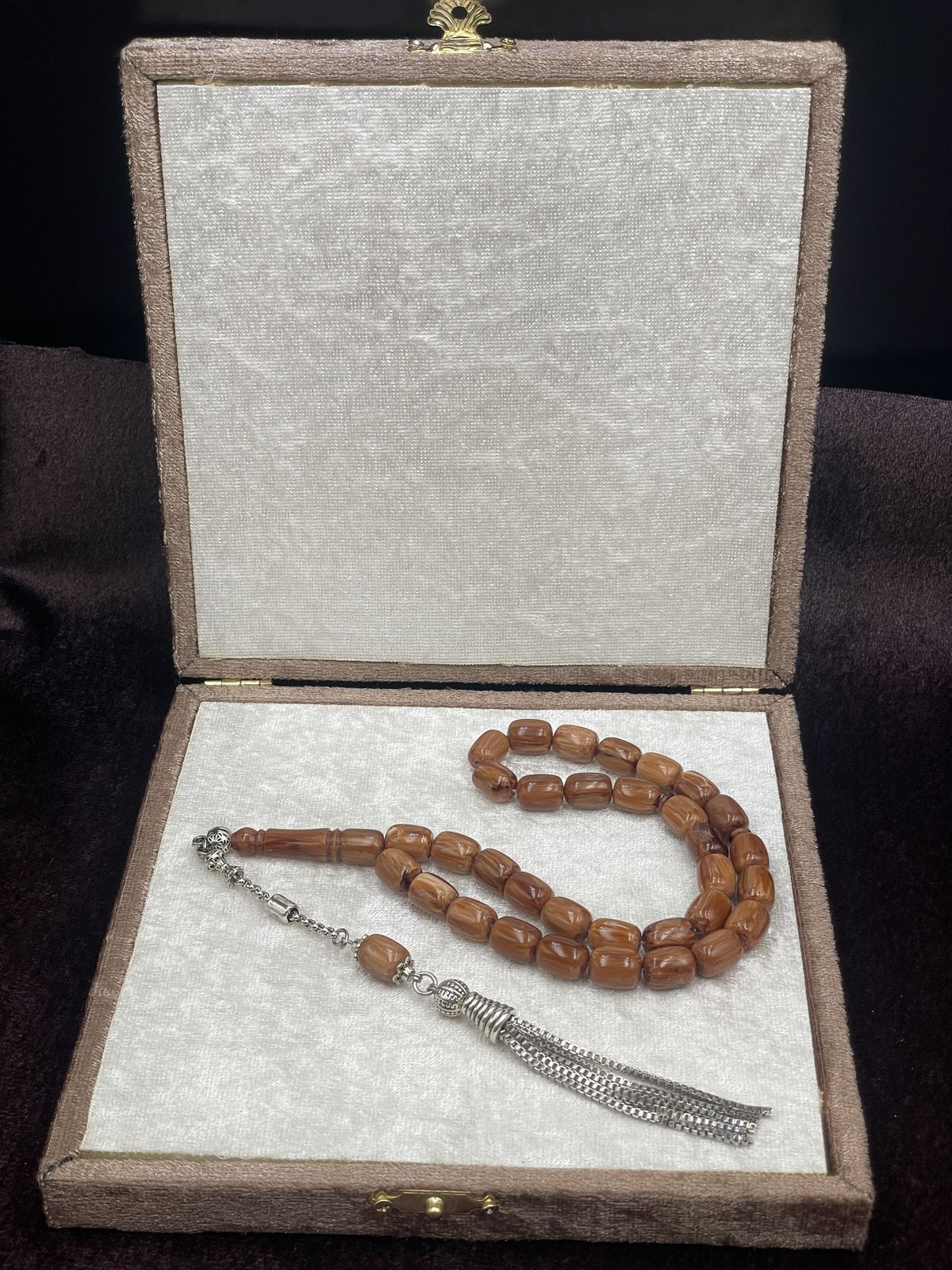 Alpaka Zincir Püsküllü Kapsül Kesim Karamel Çekoslavak Katalin Tesbih (9x12 mm)