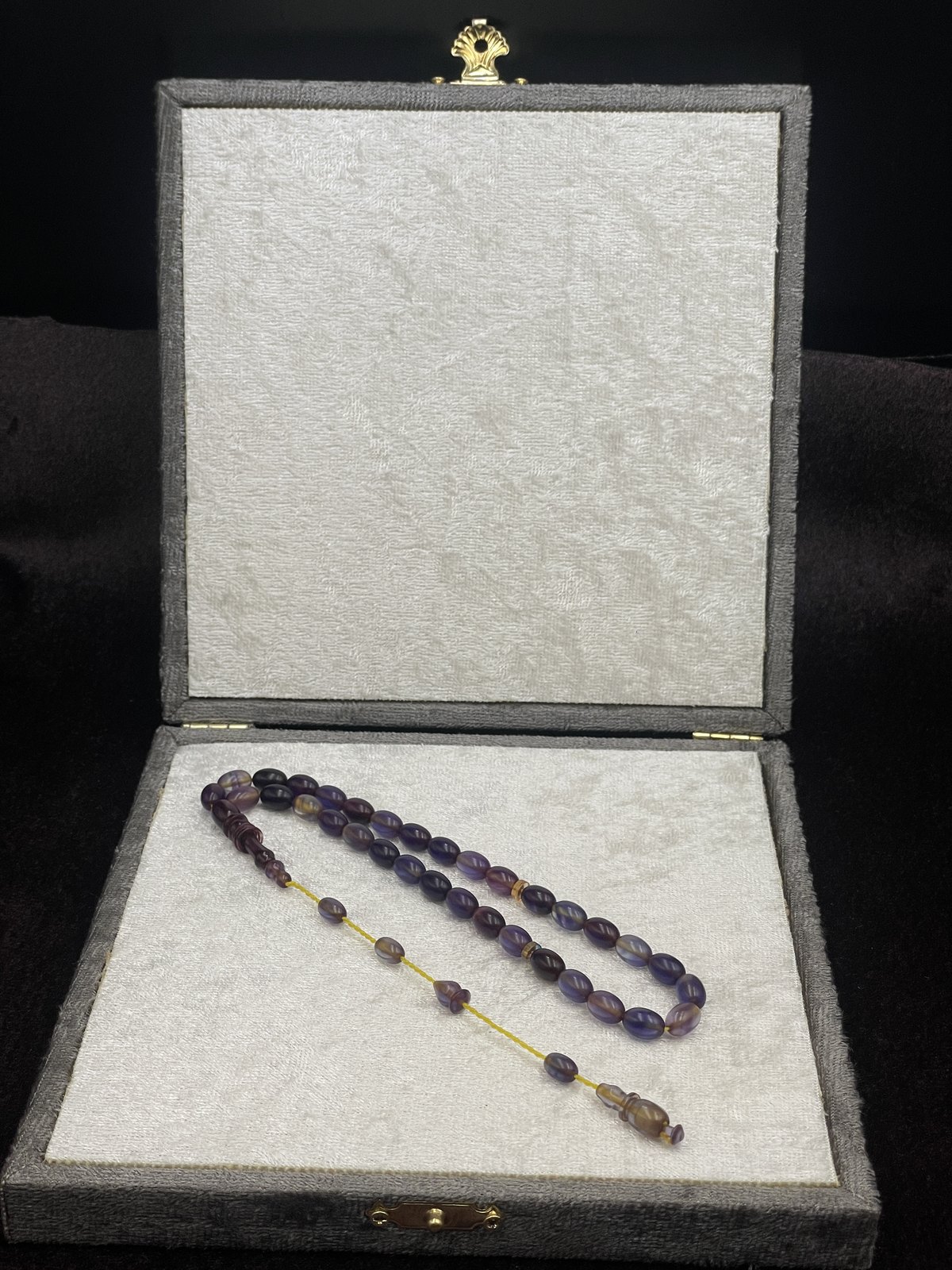 Salih Şirin Halkalı İmame Badem Kesim Lila Mor Sıkma Kehribar Tesbih (6x8 mm)