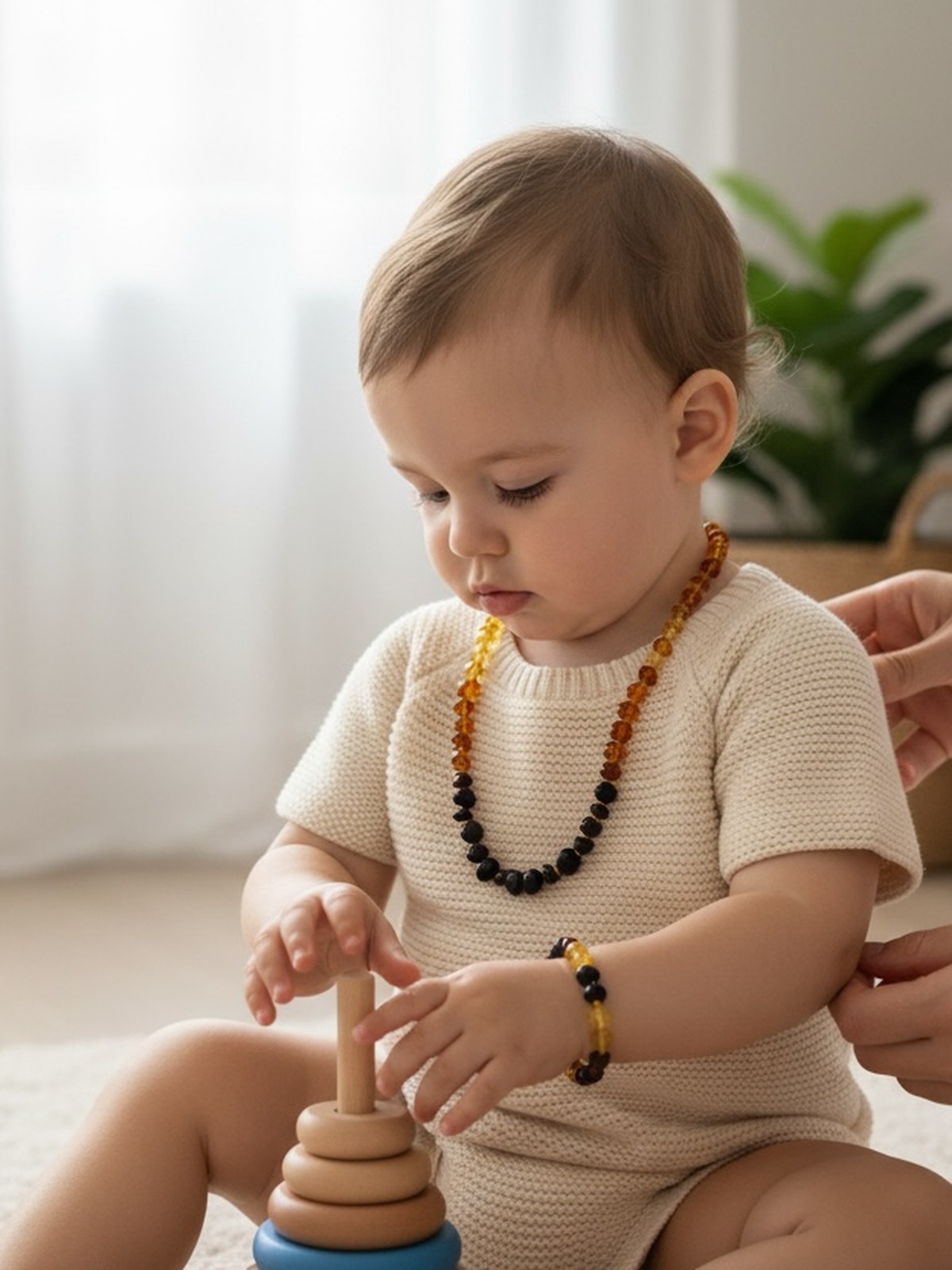 Orijinal Bebek Damla Kehribar Kolye ve Bileklik Seti (Degrade Bal Sarısı)