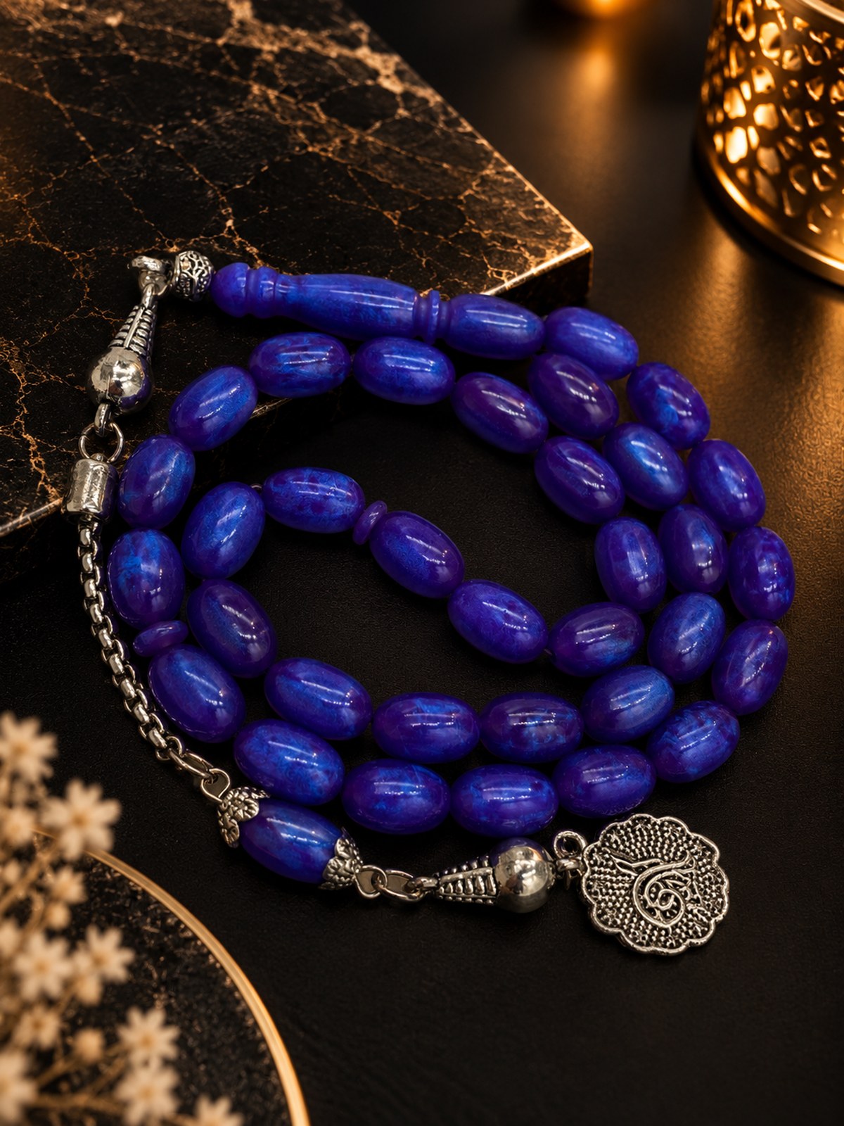 Alpaka Püsküllü Sedefli Opal Benzetme Pleksi Tesbih (Koyu Mor, 7x11 mm)