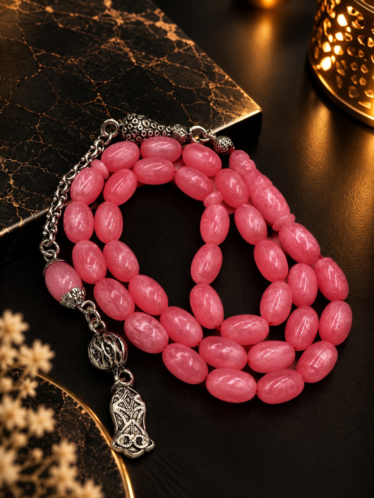 Alpaka Püsküllü Sedefli Opal Benzetme Pleksi Tesbih (Pembe, 7x11 mm)