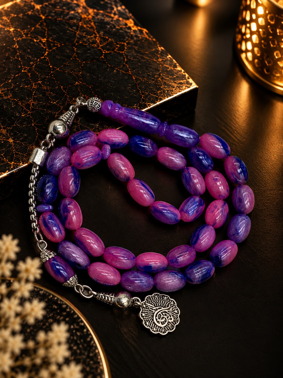 Alpaka Püsküllü Sedefli Opal Benzetme Pleksi Tesbih (Pembe Mor, 7x11 mm)