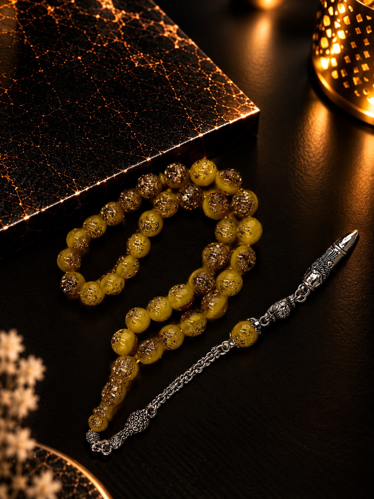 Alpaka Püsküllü Altın Varaklı Golden Tesbih (Hardal Sarısı, 10x10 mm)