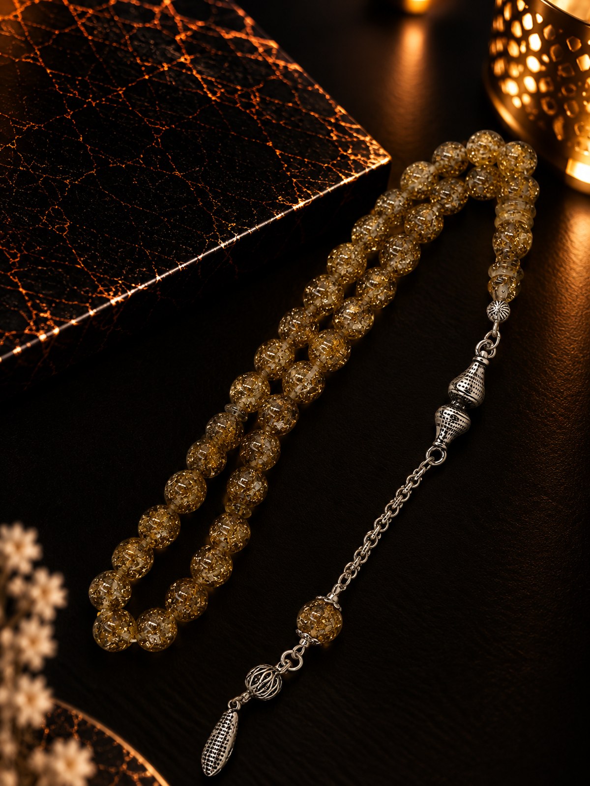Alpaka Püsküllü Altın Varaklı Golden Tesbih (Şeffaf, 10x10 mm)